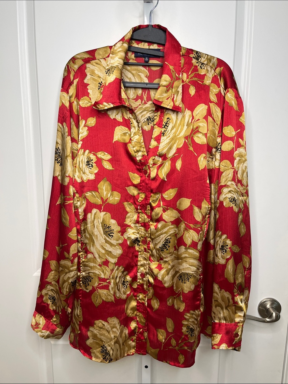 Jones New York Red Satin Shirt with Gold Floral Print Women’s 3X
